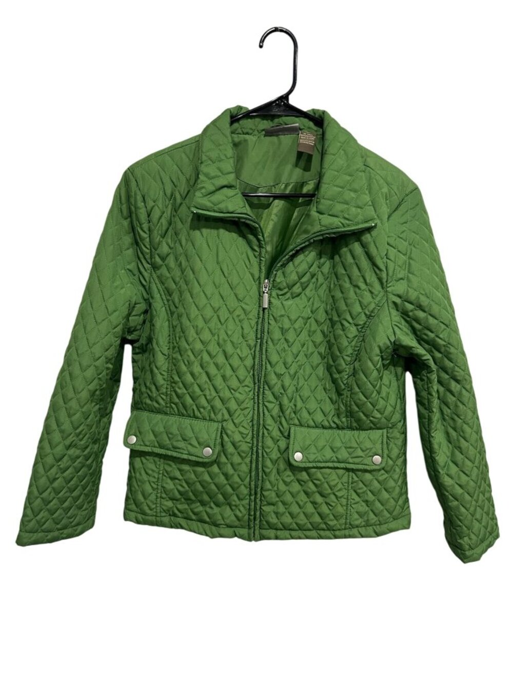 Jane Ashley Medium Green Quilted Zip Front Jacket Snap Pockets Cozycore Heritage